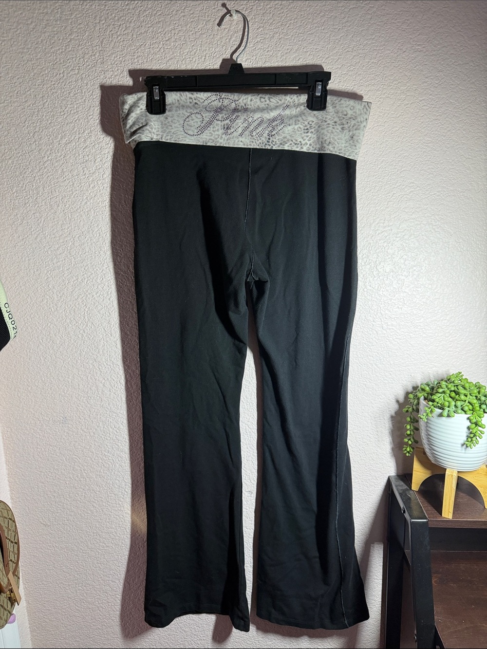 PINKVictoria Secret Black flared with Fold-Over Cheetah Printed Rhinestone pant